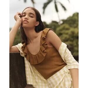 Madewell Womens Wakeford Ruffle Sweater Ribbed Tank Top Mustard Yellow Wool‎ XL